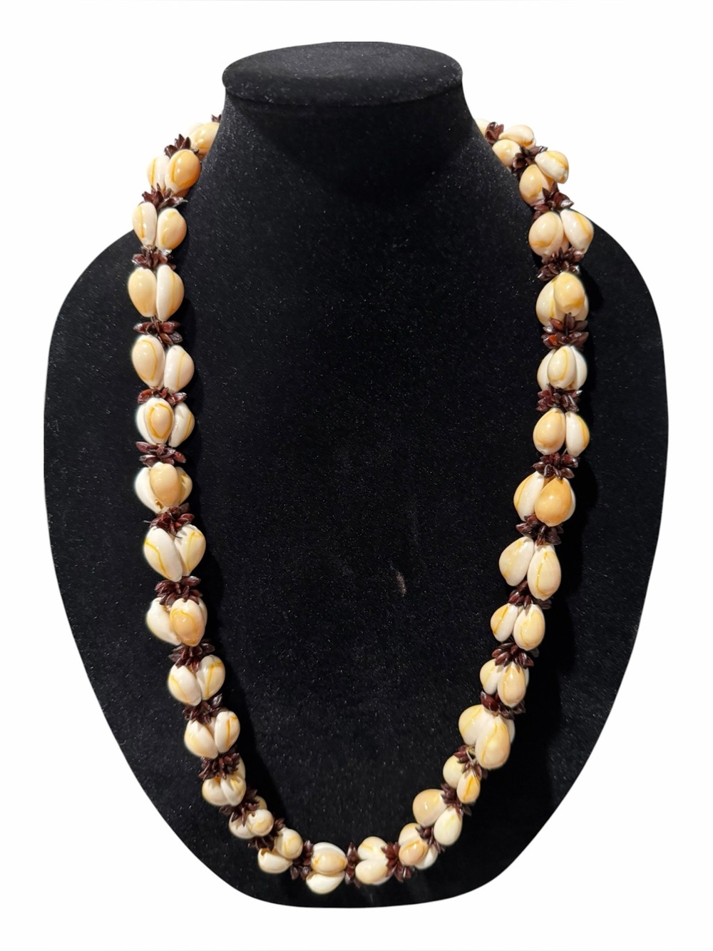 Vintage 70s Cowrie Shell and Koa Seed Necklace Lei Garland from Hawaii